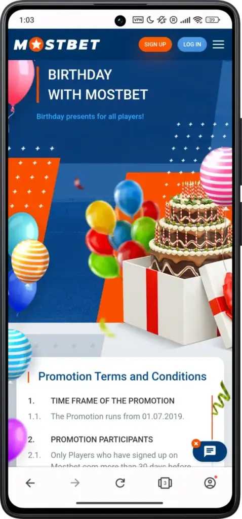 Birthday bonus on Mostbet