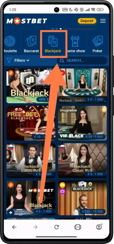 BlackJack games on Mostbet website