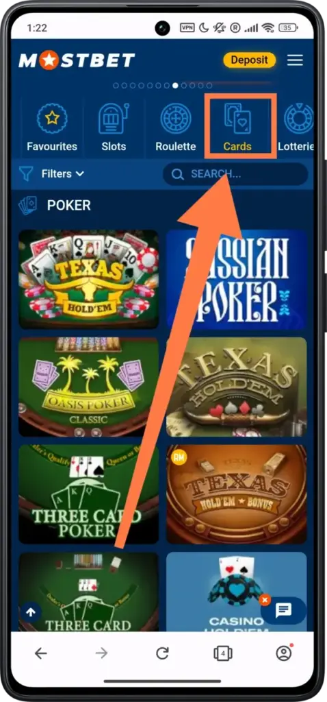 Cards Games on Mostbet website