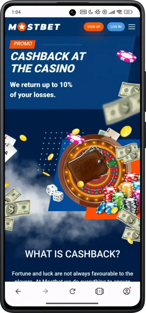 Cashback 10 on Mostbet casino