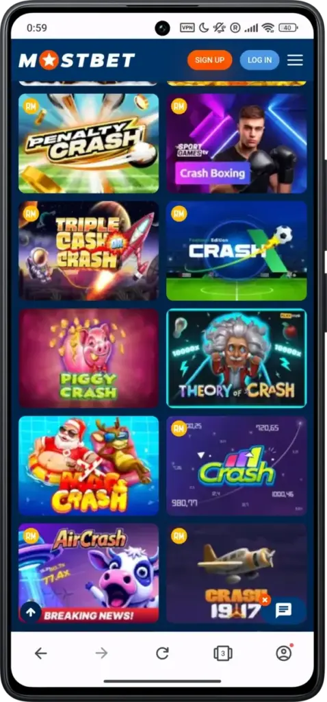 crash games on Mostbet website
