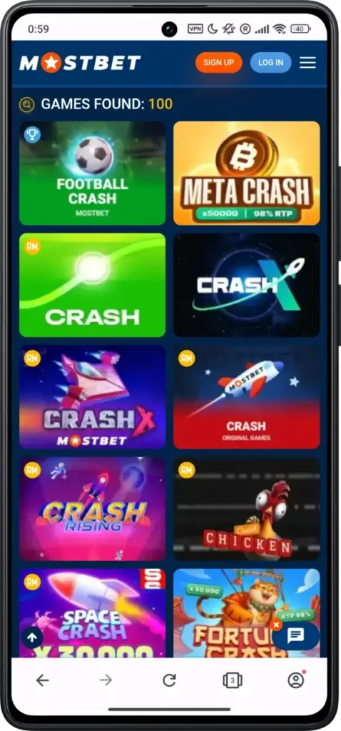 crash games screenshot on Mostbet