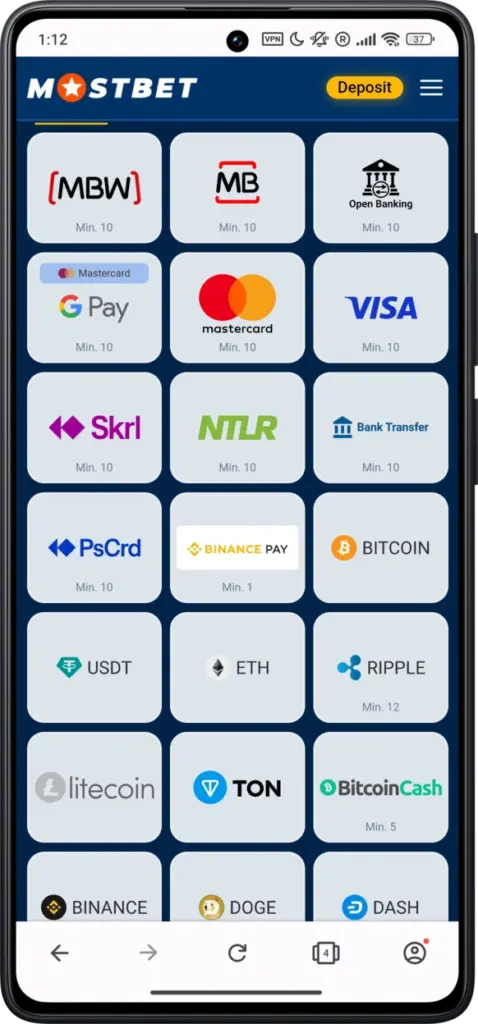 deposit methods on Mostbet
