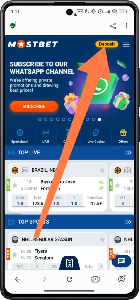 deposit section on mostbet EU