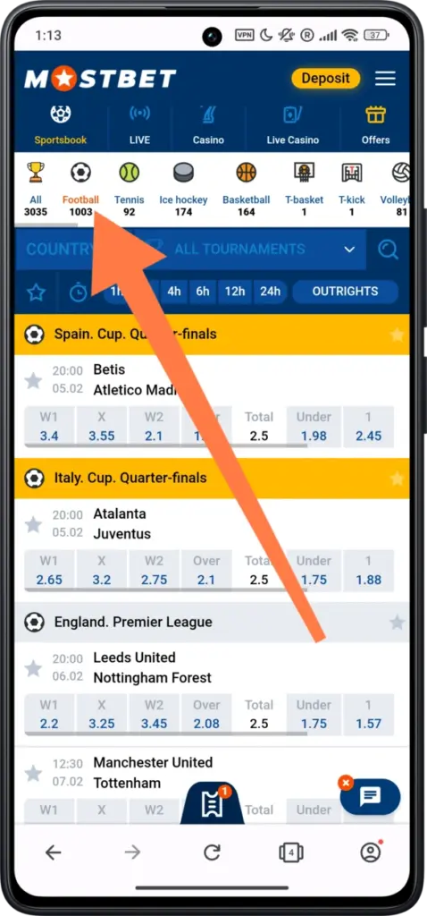 Football betting on Mostbet