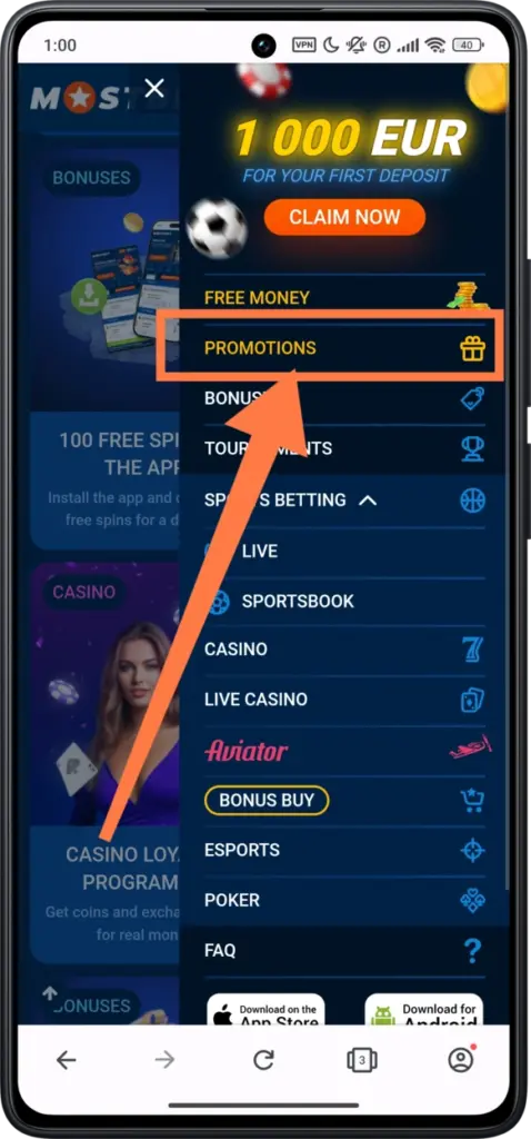 promotion section on Mostbet casino