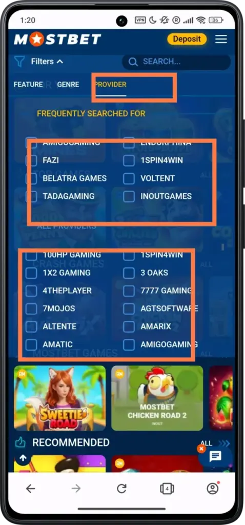 Providers and search filters on Mostbet casino