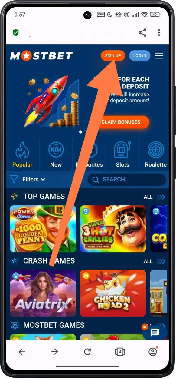 Sign up button screenshot on Mostbet