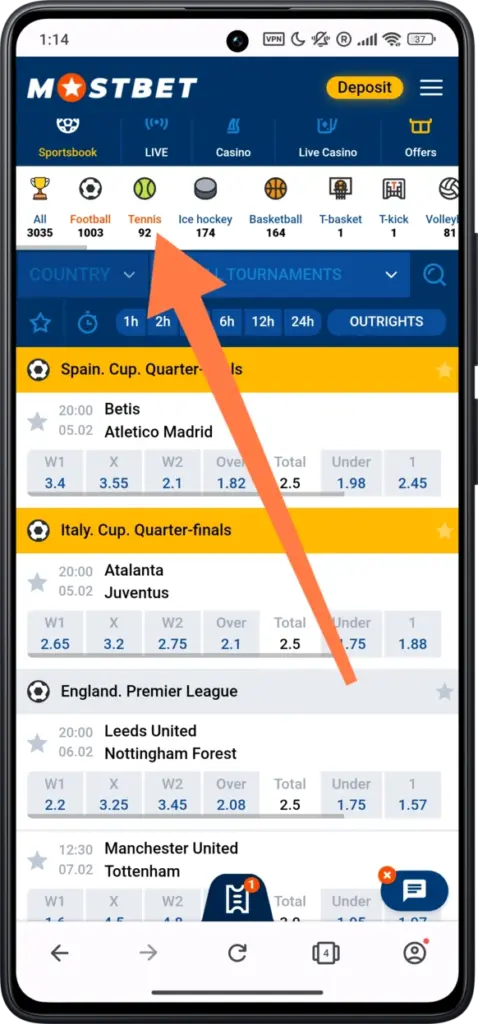 Tennis betting on Mostbet