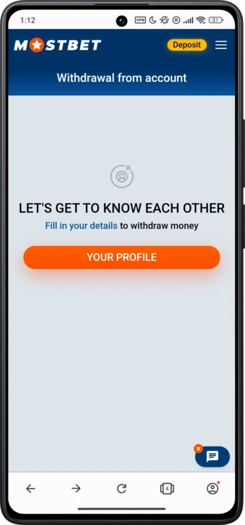 withdrawal section on Mostbet