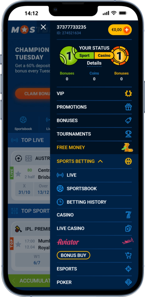 Mostbet menu